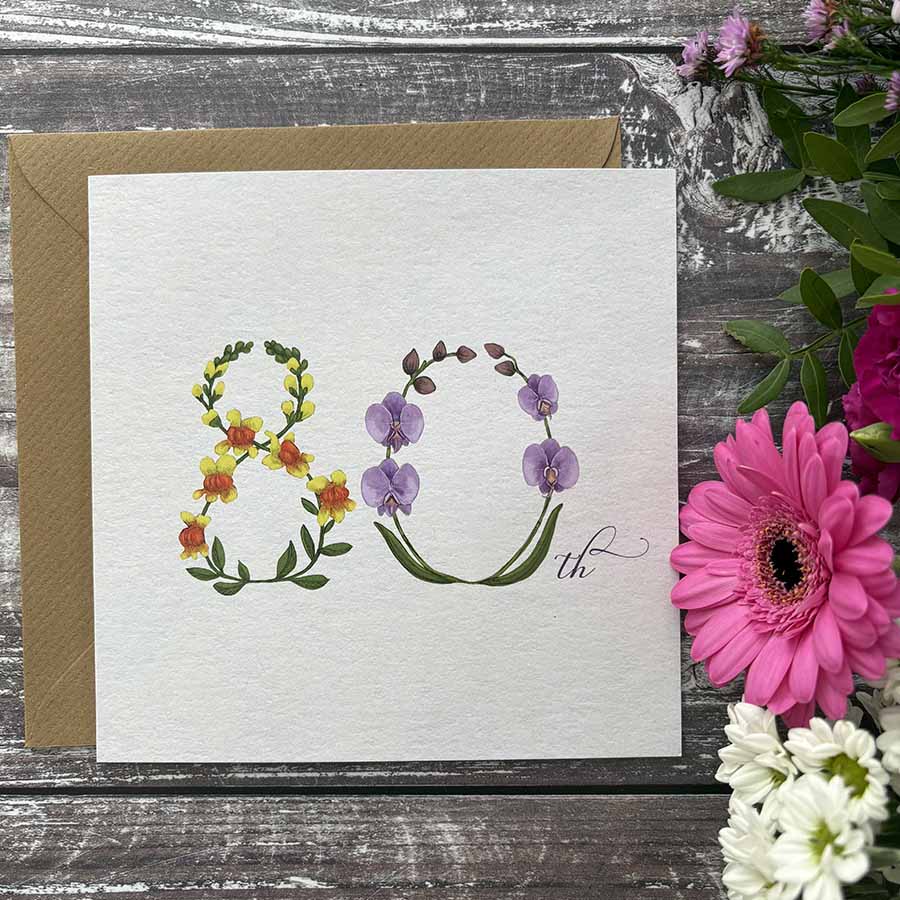 80th floral birthday card - milestone birthday