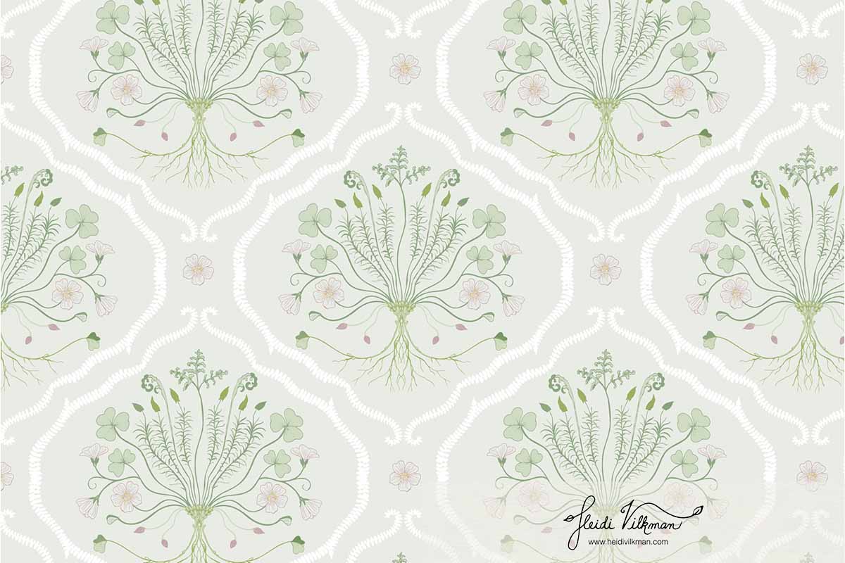 Hand-drawn botanical surface pattern design Hidden by Heidi Vilkman featuring forest floor plants