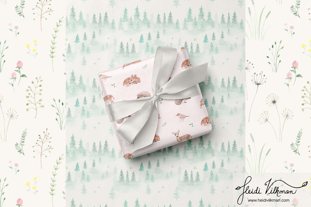 Nordic Forest hand-painted watercolour pattern collection by Heidi Vilkman licensed for premium baby brand gift wrap packaging
