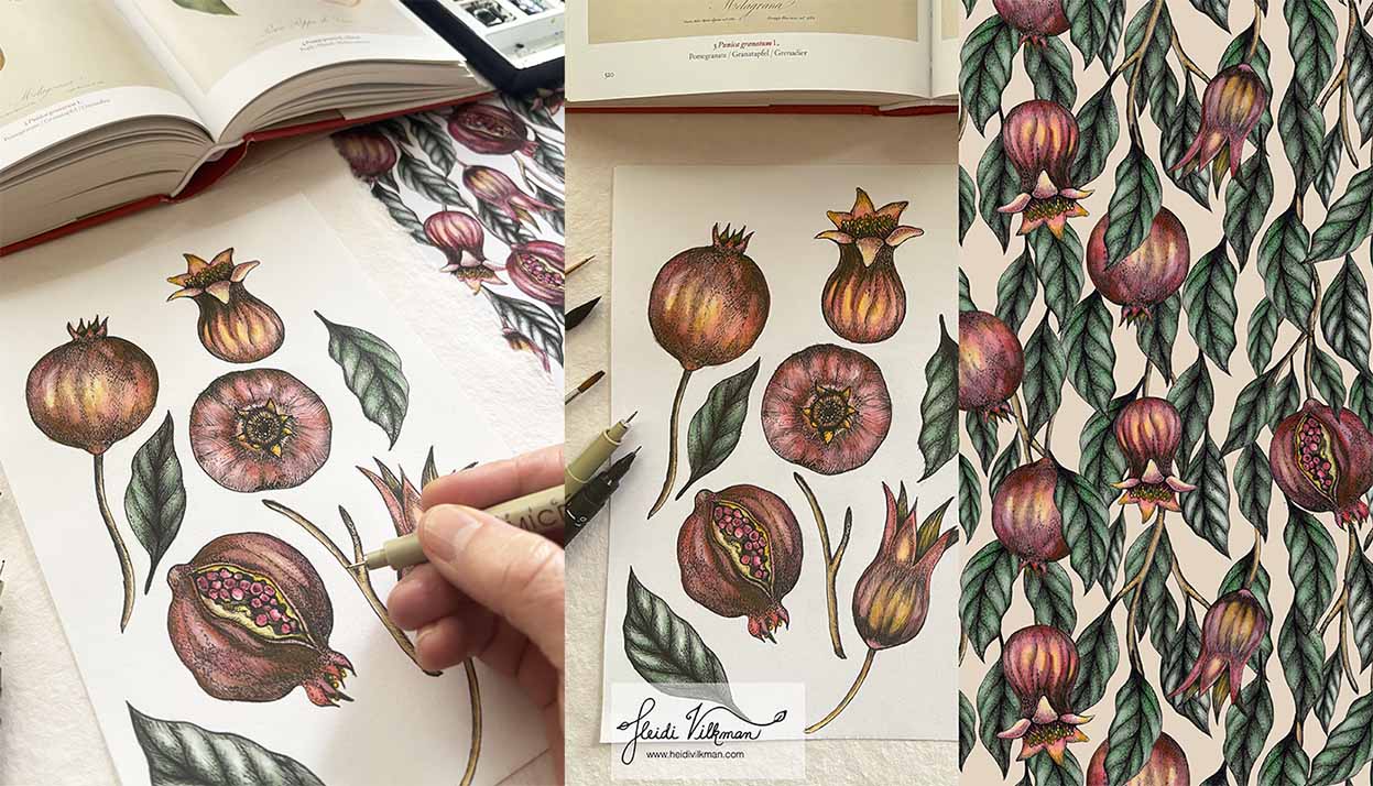 Detailed ink sketch and watercolor Pomegranates surface pattern design on paper