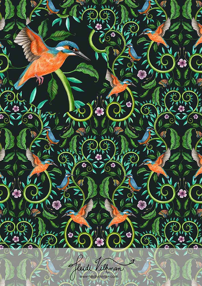 Kingfisher Wood watercolour surface repeat pattern by Heidi Vilkman