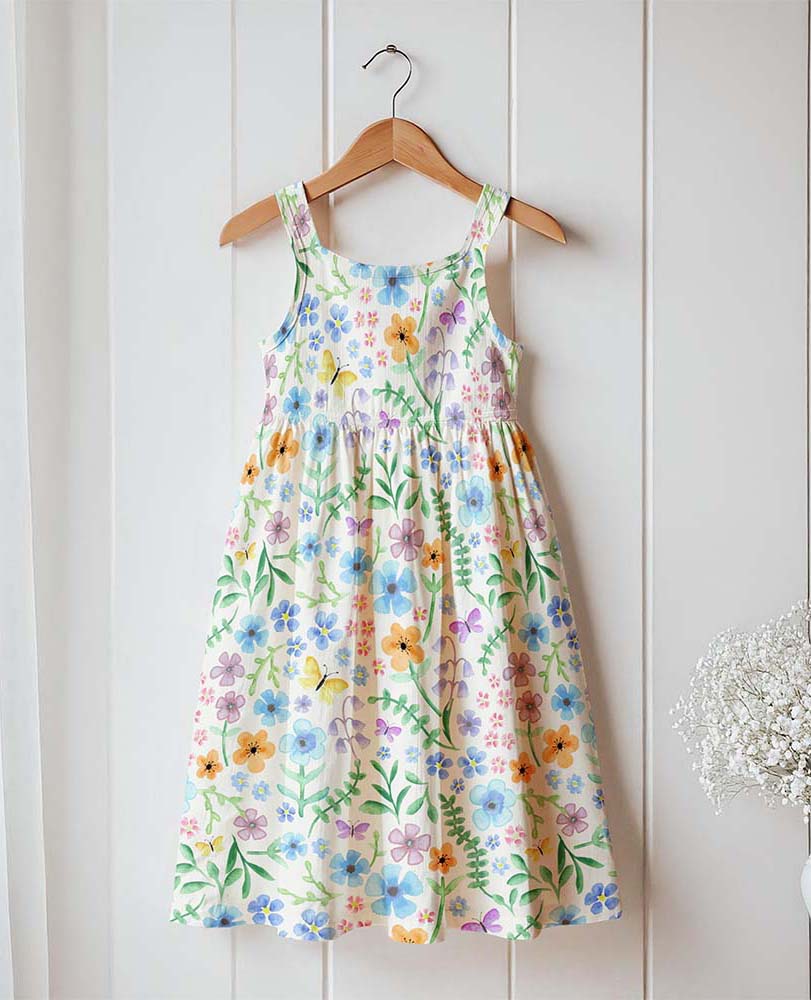Summer Meadow watercolour pattern on a dress by Heidi Vilkman