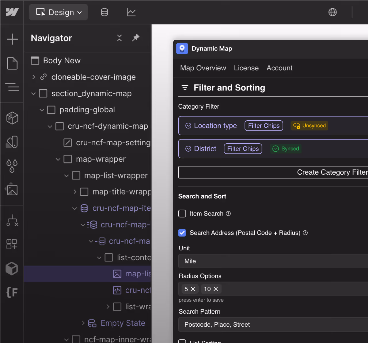 Dynamic Map App's Filter and Sorting panel with category filters, address search, and radius options, alongside the Webflow Designer Navigator