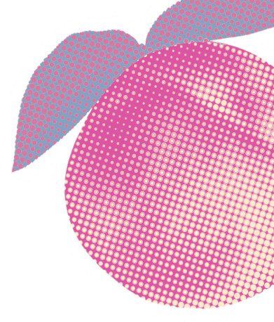 Pink flip phone with a logo on screen and a peach slice, with stylized graphic peach background.