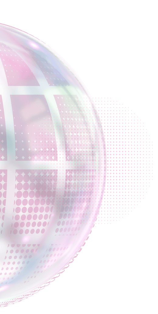 Transparent pink and purple globe with a grid pattern on a green background with dotted circular shapes.