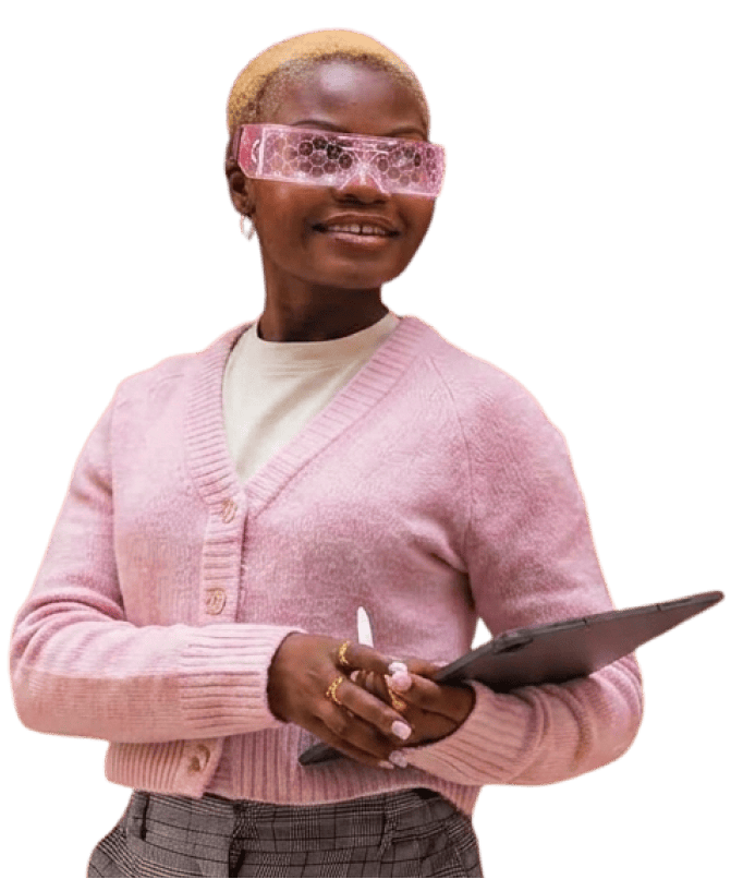 Halftone style image of a woman wearing glasses holding an open laptop.