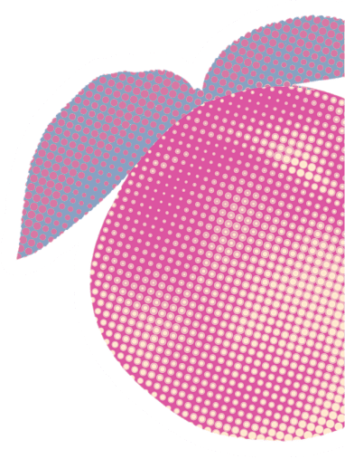 Stylized pink peach with blue leaves in a halftone dot pattern with white outline.
