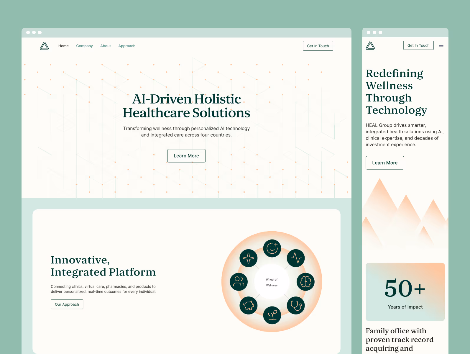 Responsive website layout showcasing AI-Driven Holistic Healthcare Solutions with sections on innovative integrated platform, a wheel of wellness graphic, and a mobile view showing 50+ years of impact.