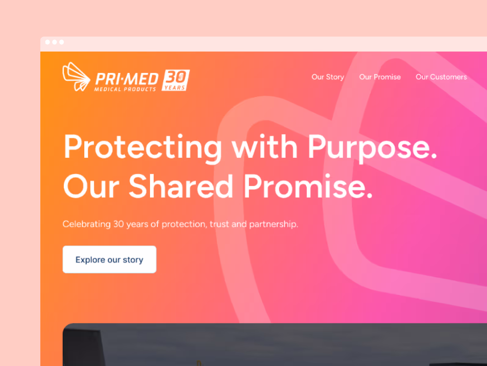 Website header of Pri-Med Medical Products celebrating 30 years with the slogan Protecting with Purpose, Our Shared Promise and a button to explore the story.