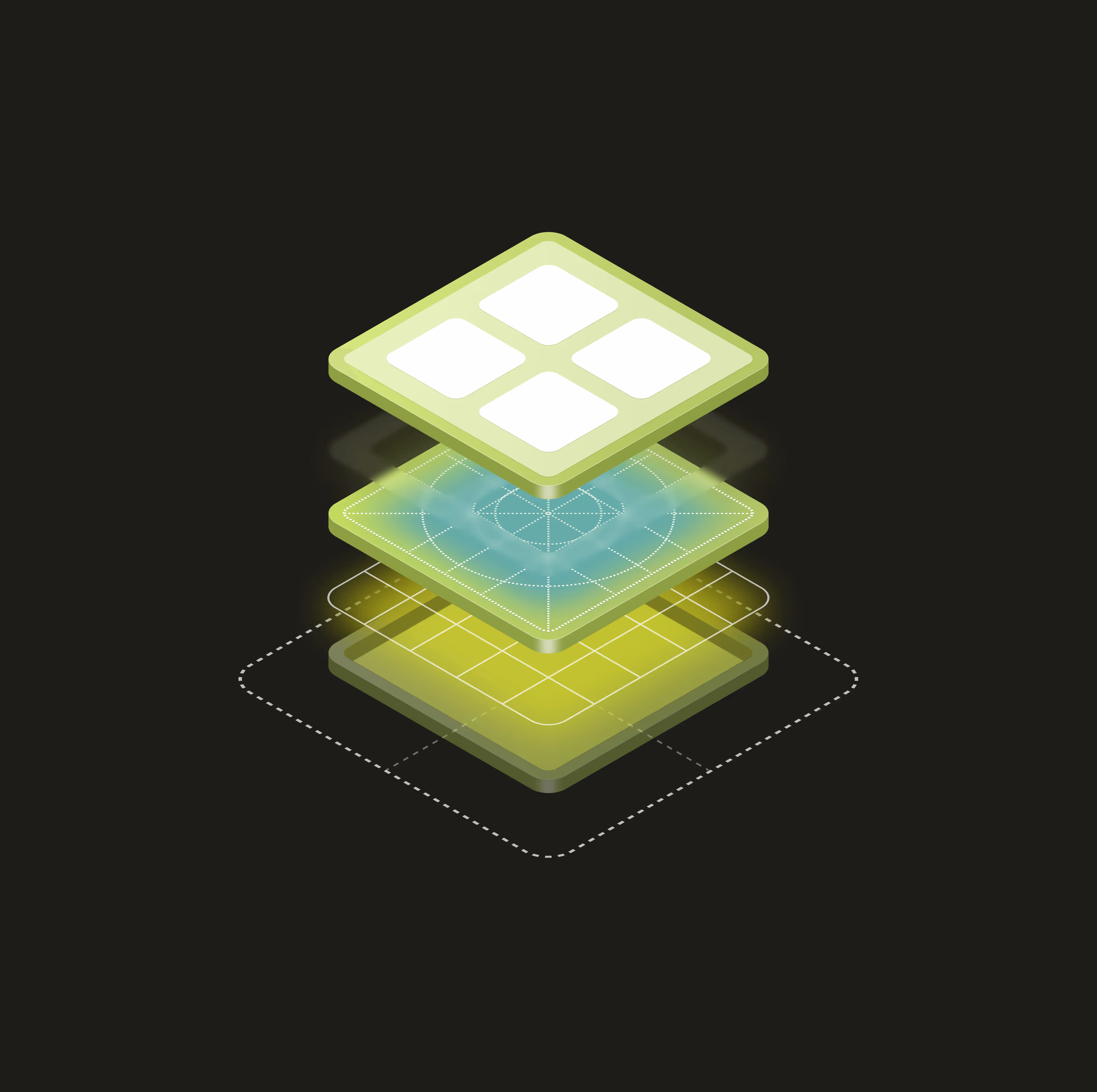 Three floating translucent green layers with grid and radar-like patterns stacked vertically on a dark background.