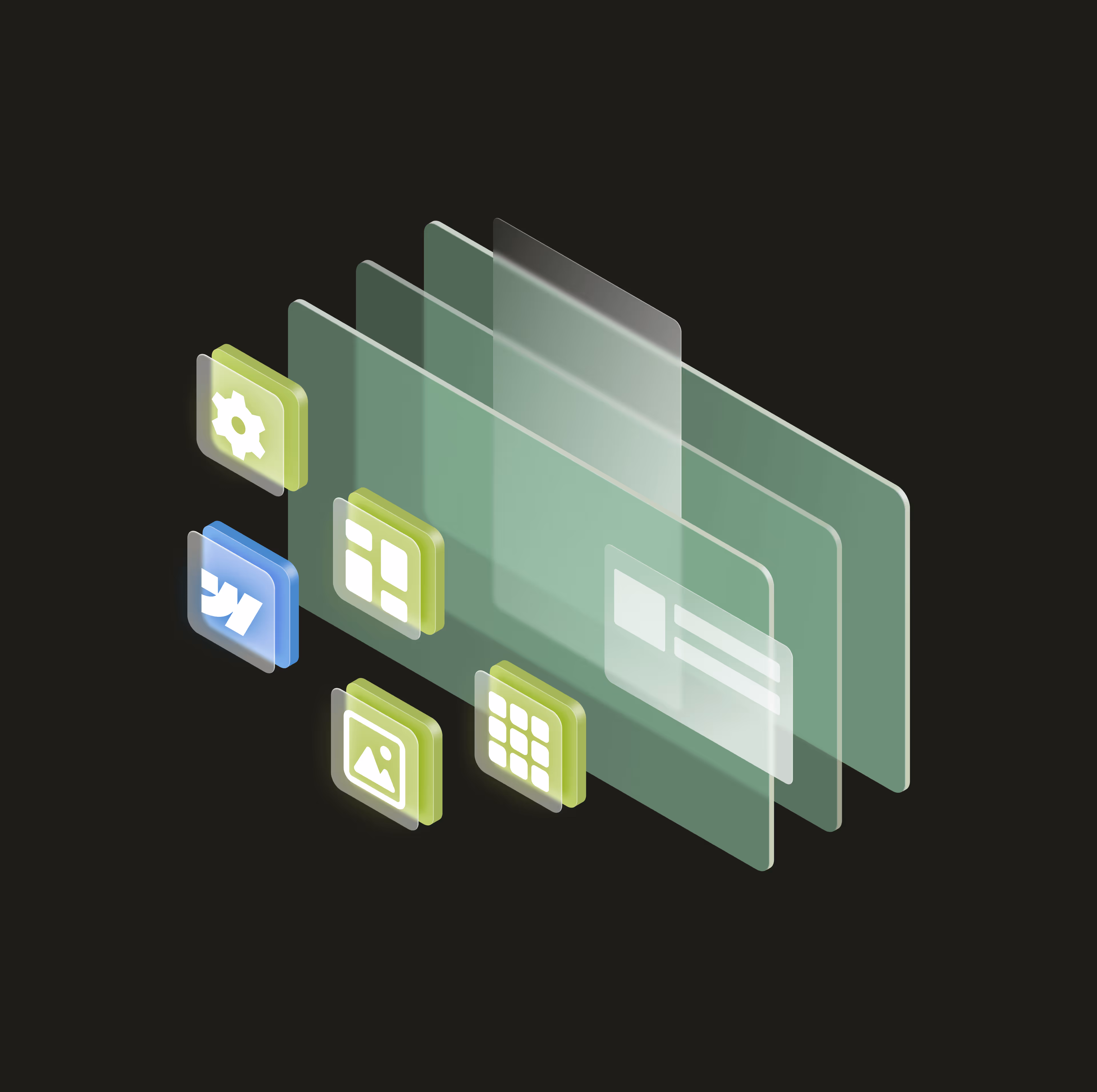 3D layered translucent green panels with floating icons representing settings, layouts, images, and grids on a dark background.