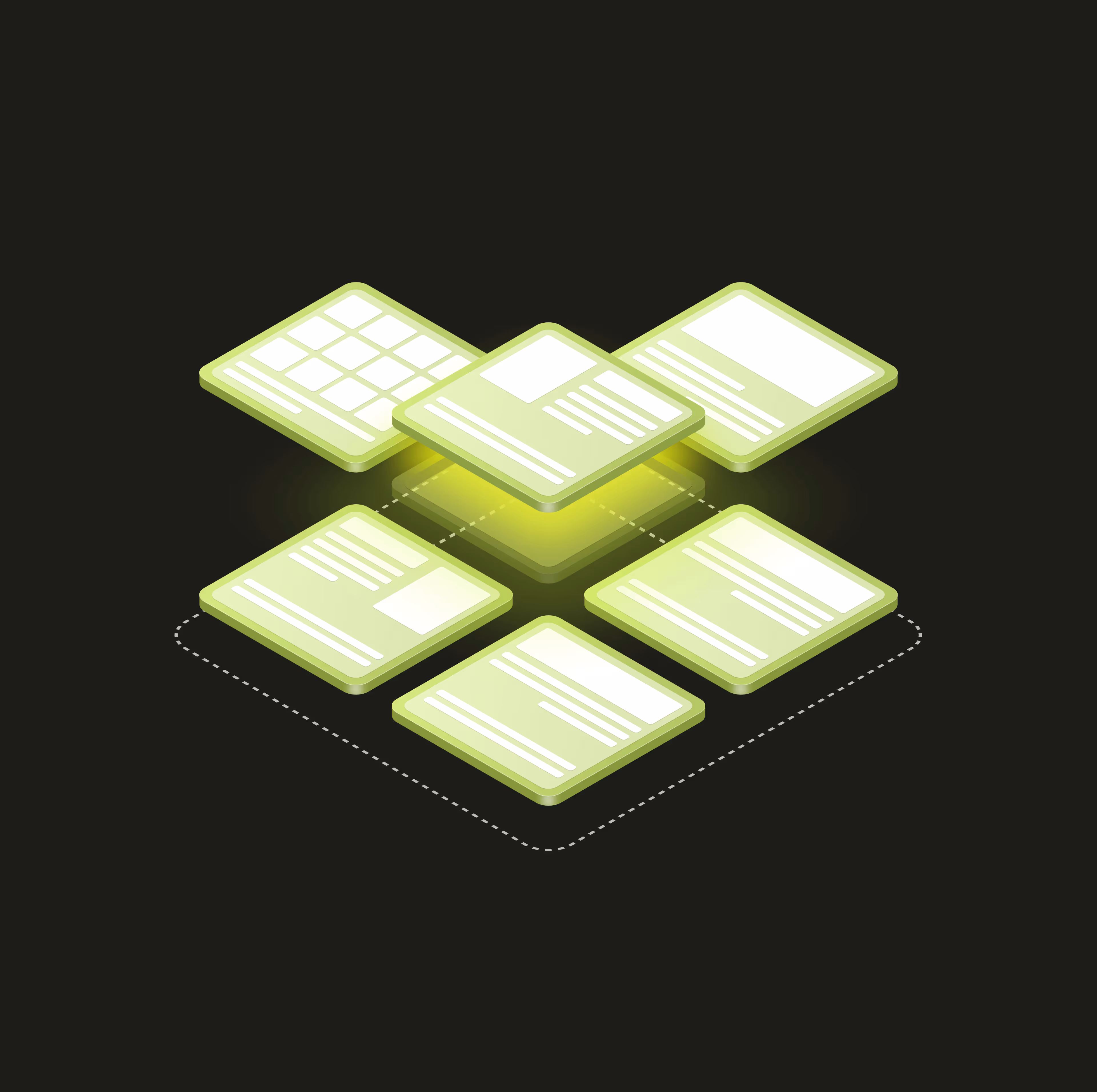 Six green translucent digital cards with text and grid icons arranged in a hexagonal pattern emitting a glowing yellow light from the center on a dark background.