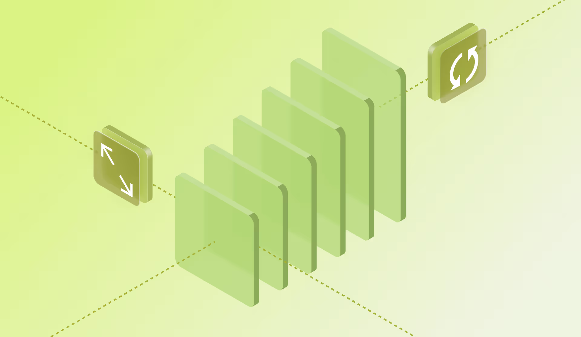 Illustration showing a series of translucent green rectangles arranged in a row, with icons depicting expansion and refresh on either side.