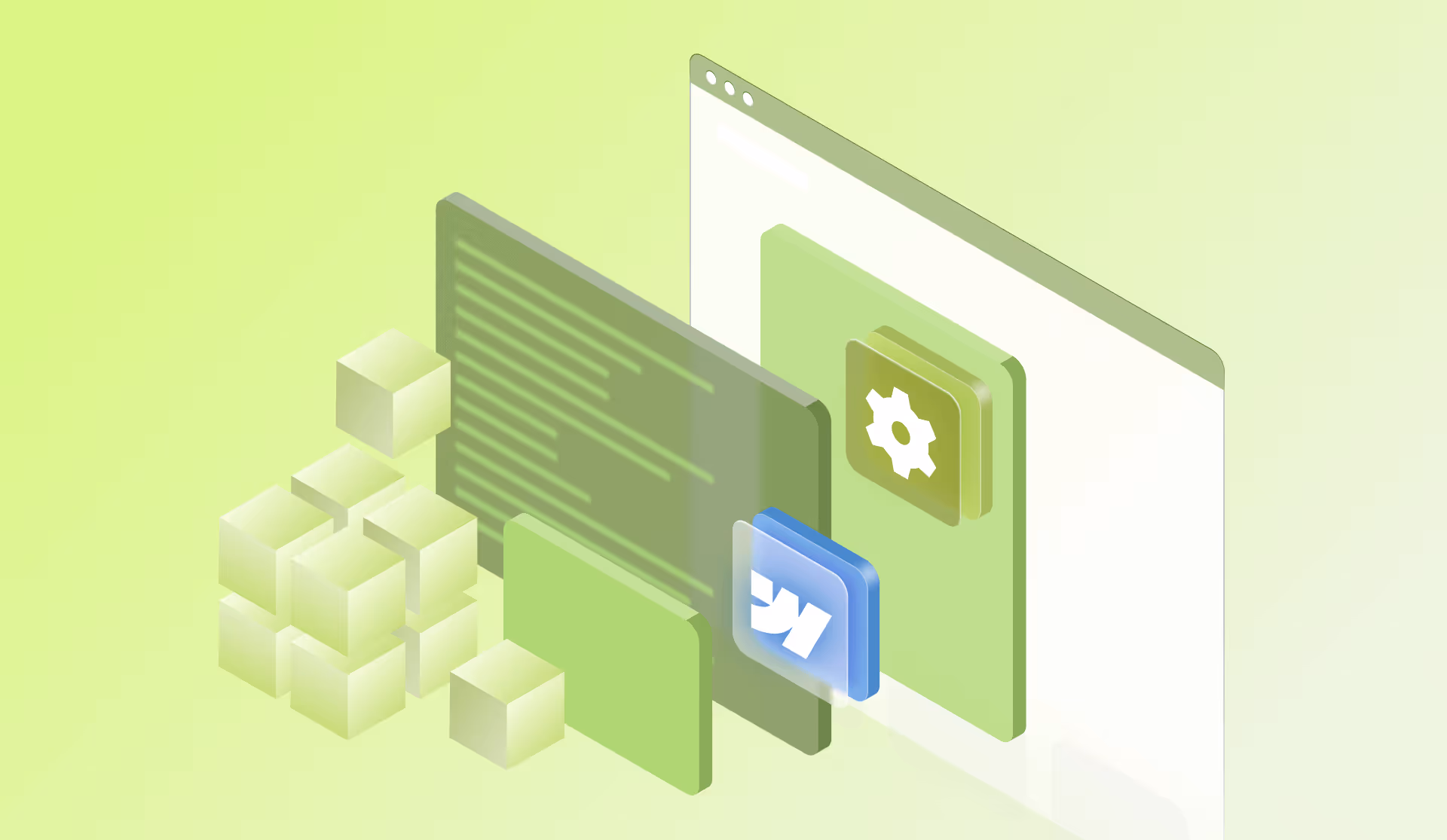 Abstract digital interface with floating green panels, code lines, cubes, and a blue Webflow icon on a light green gradient background.