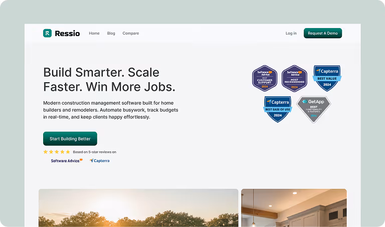 Ressio webpage showing construction software benefits, ratings, and awards for home builders and remodelers.