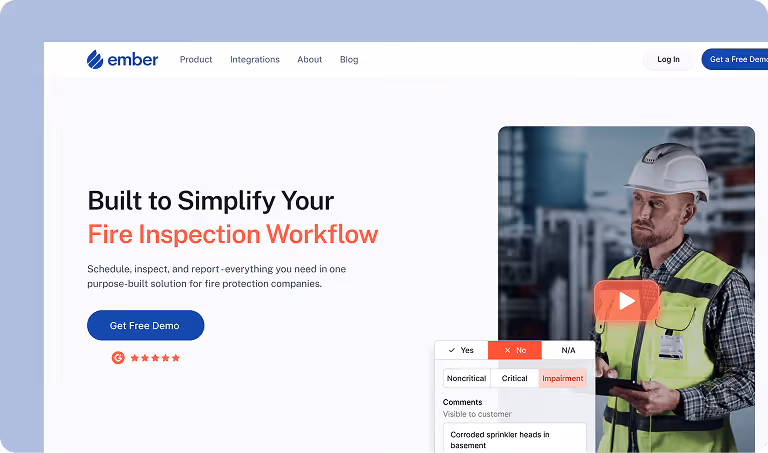 Webpage for Ember showing fire inspection workflow service with a person in safety gear holding a tablet.