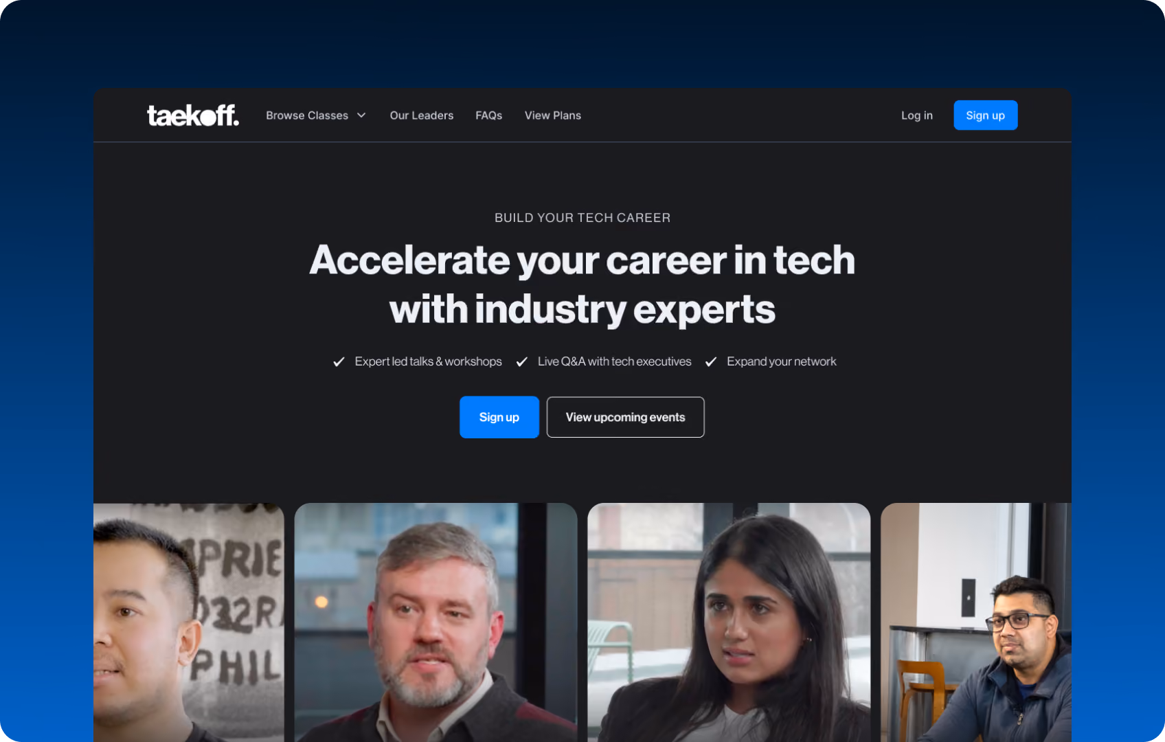 Website homepage for Taekoff offering tech career growth with expert-led talks, workshops, and Q&A sessions.
