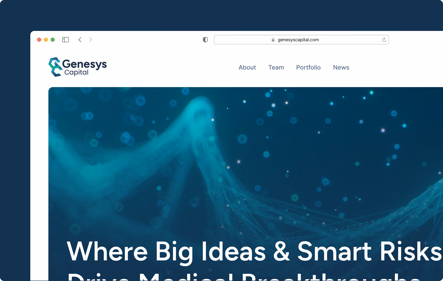 Website header for Genesys Capital with logo, navigation links, and DNA strand background.