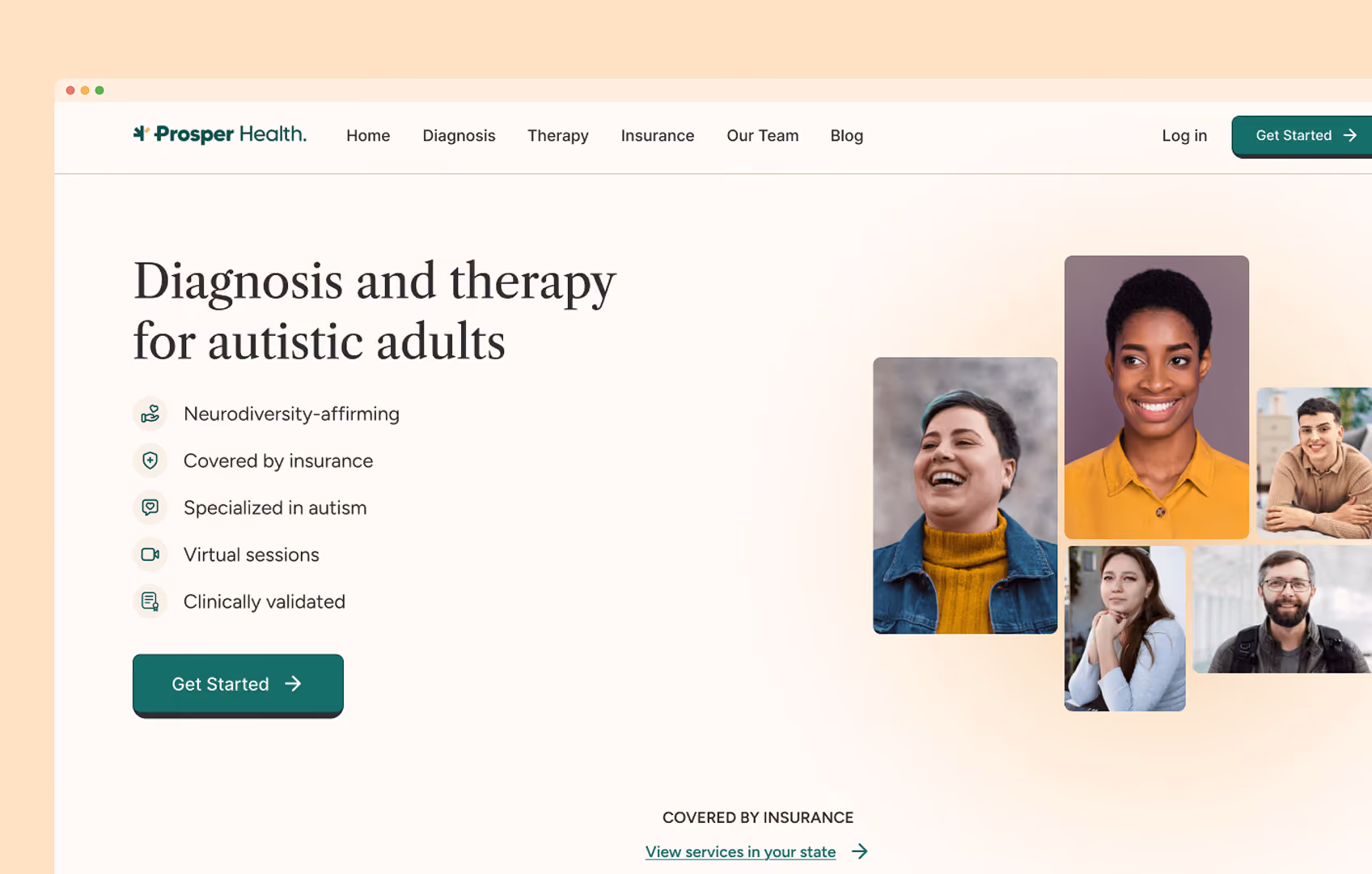 Prosper Health webpage showing diagnosis and therapy services for autistic adults with diverse smiling faces.