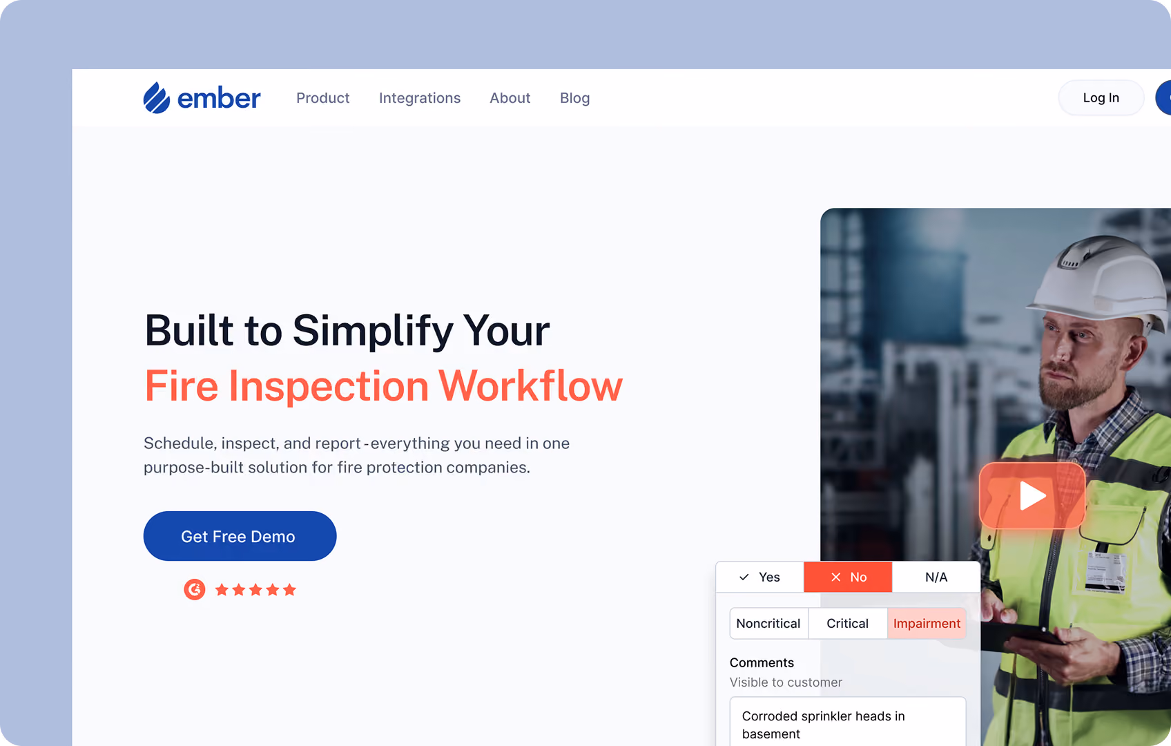 Ember fire inspection software homepage with a worker in safety gear and a demo call-to-action button.