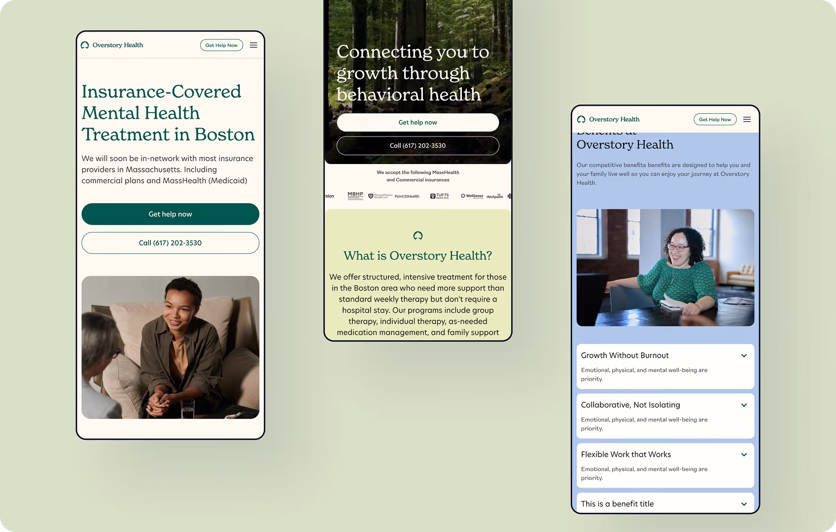 Three mobile screens showing Overstory Health's insurance, treatment info, and benefits with photos of people.