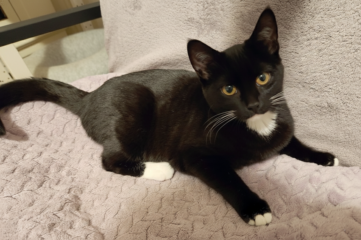 A black cat with white paws and a white chest lies on a soft, light purple blanket. The cat's wide eyes and relaxed posture suggest curiosity and comfort.