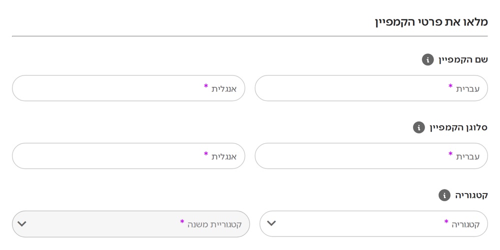 מסך מילוי פרטי קמפיין חדש במערכת Jgive