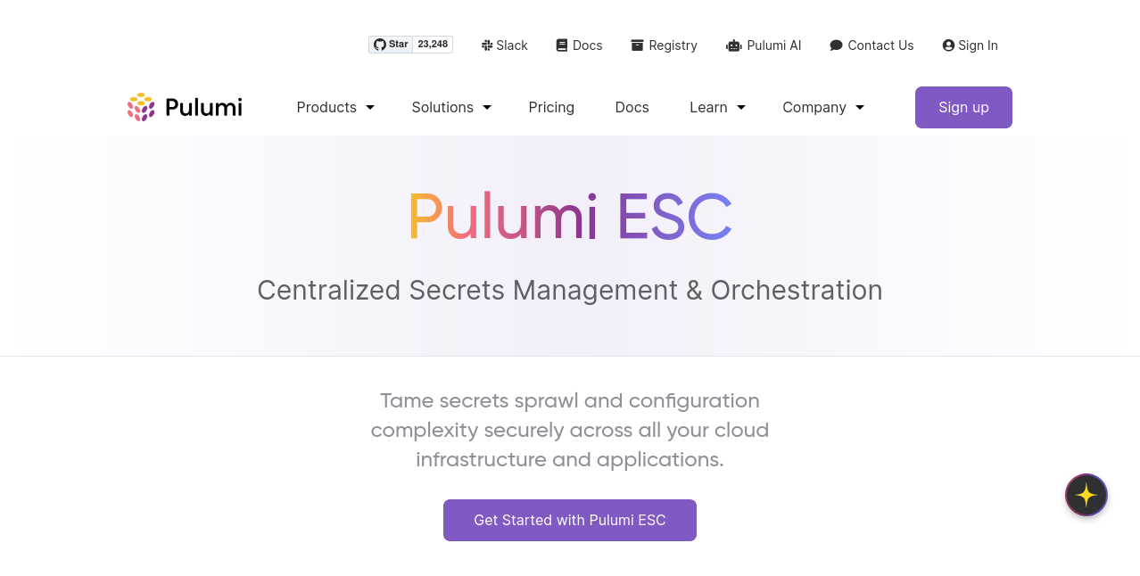 Screenshot of the Pulumi ESC website homepage