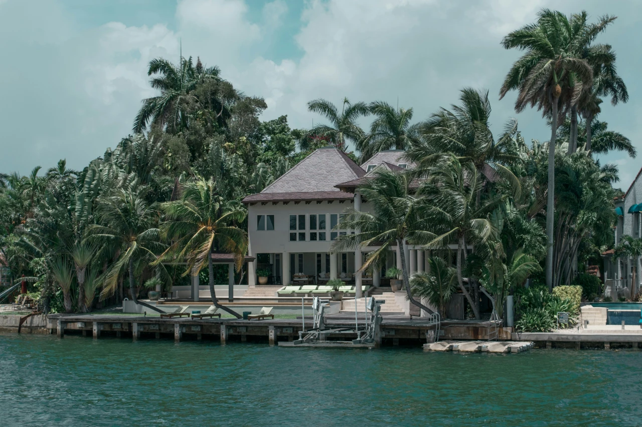 Single-family rental home in Florida with palm trees on the water