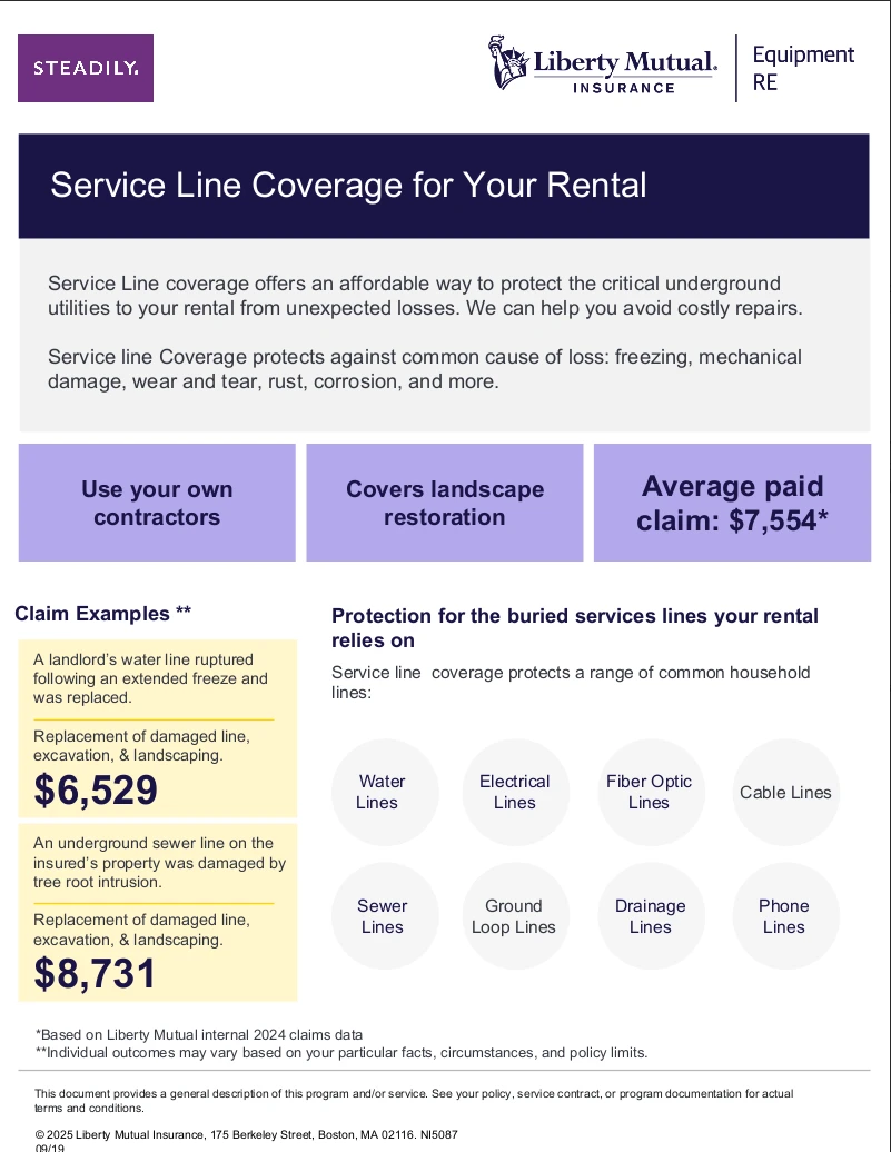 A brochure from Steadily and Liberty Mutual detailing service line insurance coverage for rental properties