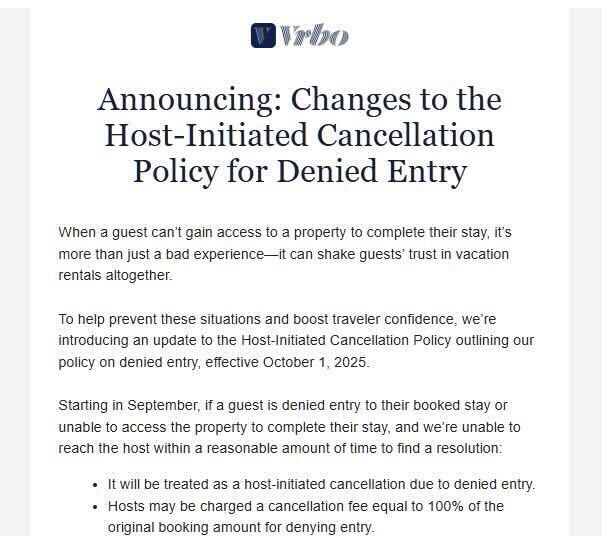 A screenshot of the cancellation policy email VRBO sent around to their hosts
