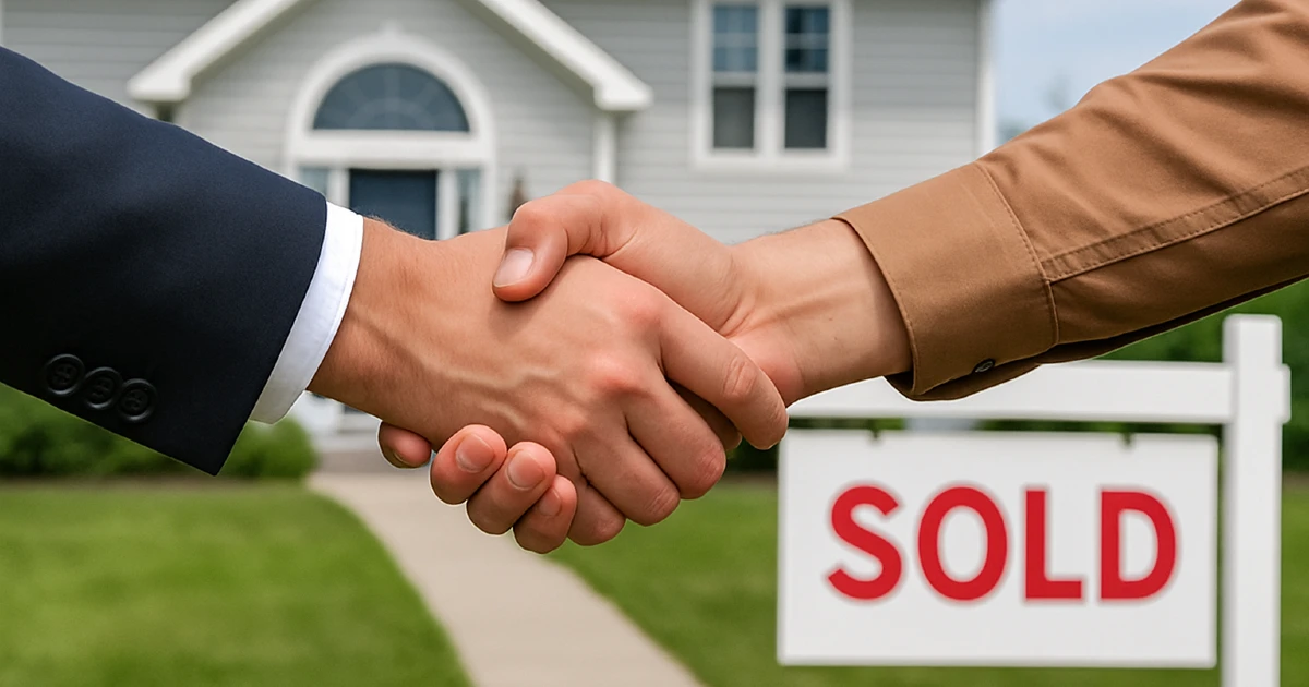 Two people shake hands in front of a recently sold rental home