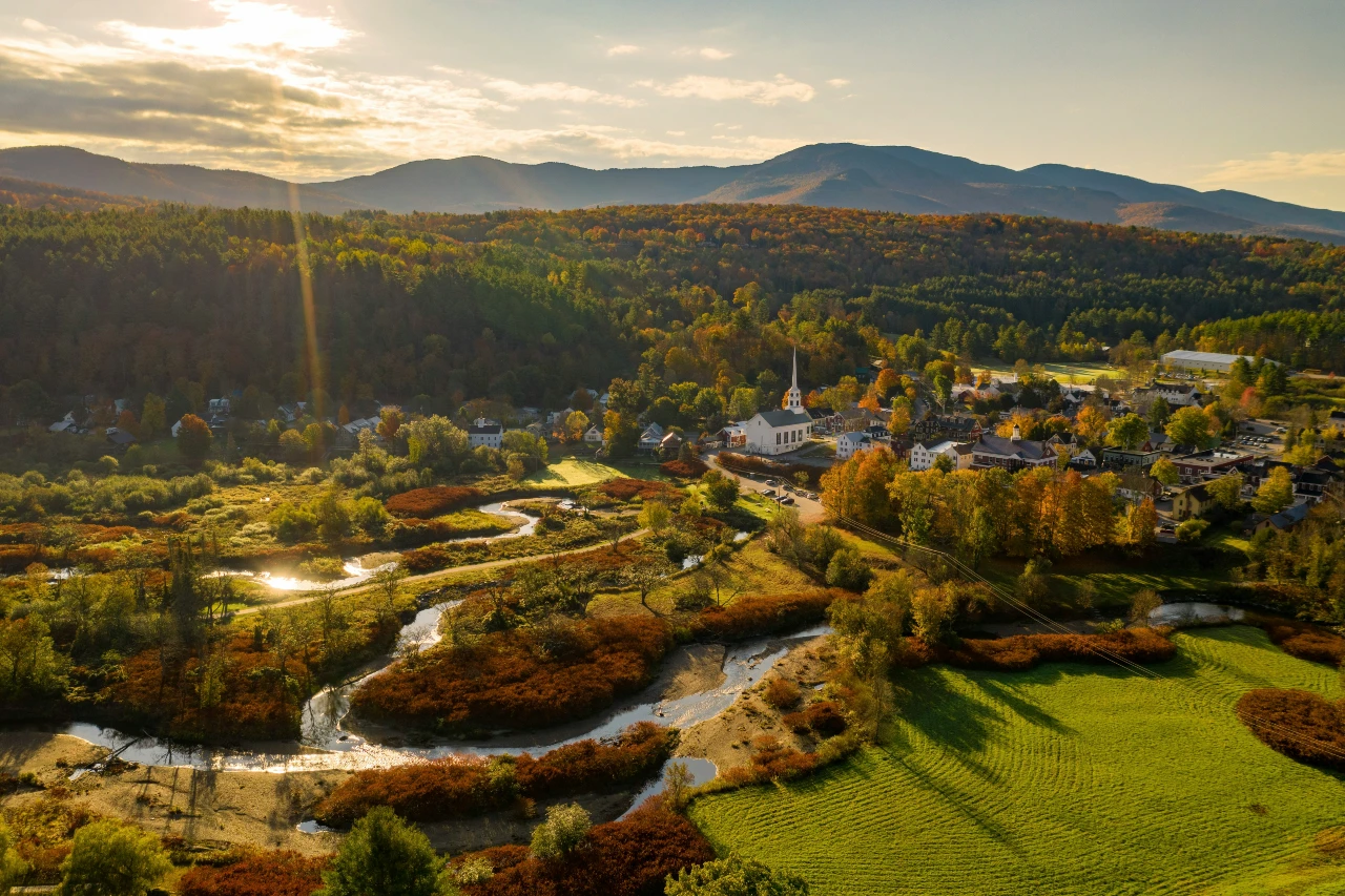 An aerial view of Stowe, Vermont