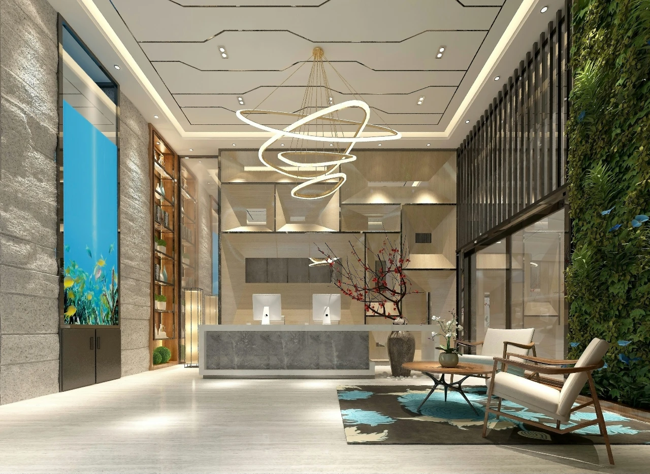 The lobby of an apartment or condo building