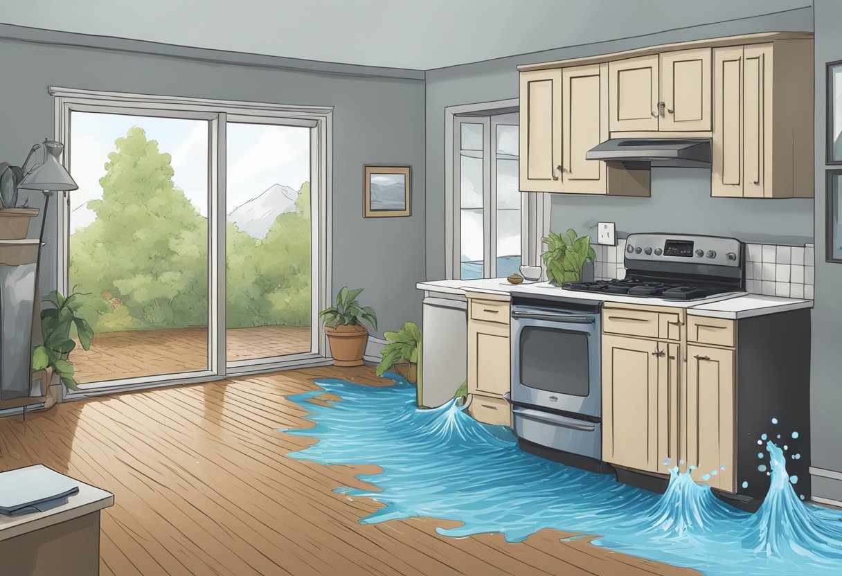 A burst pipe floods a rental property, causing water damage. A landlord looks concerned as they review their insurance policy for coverage