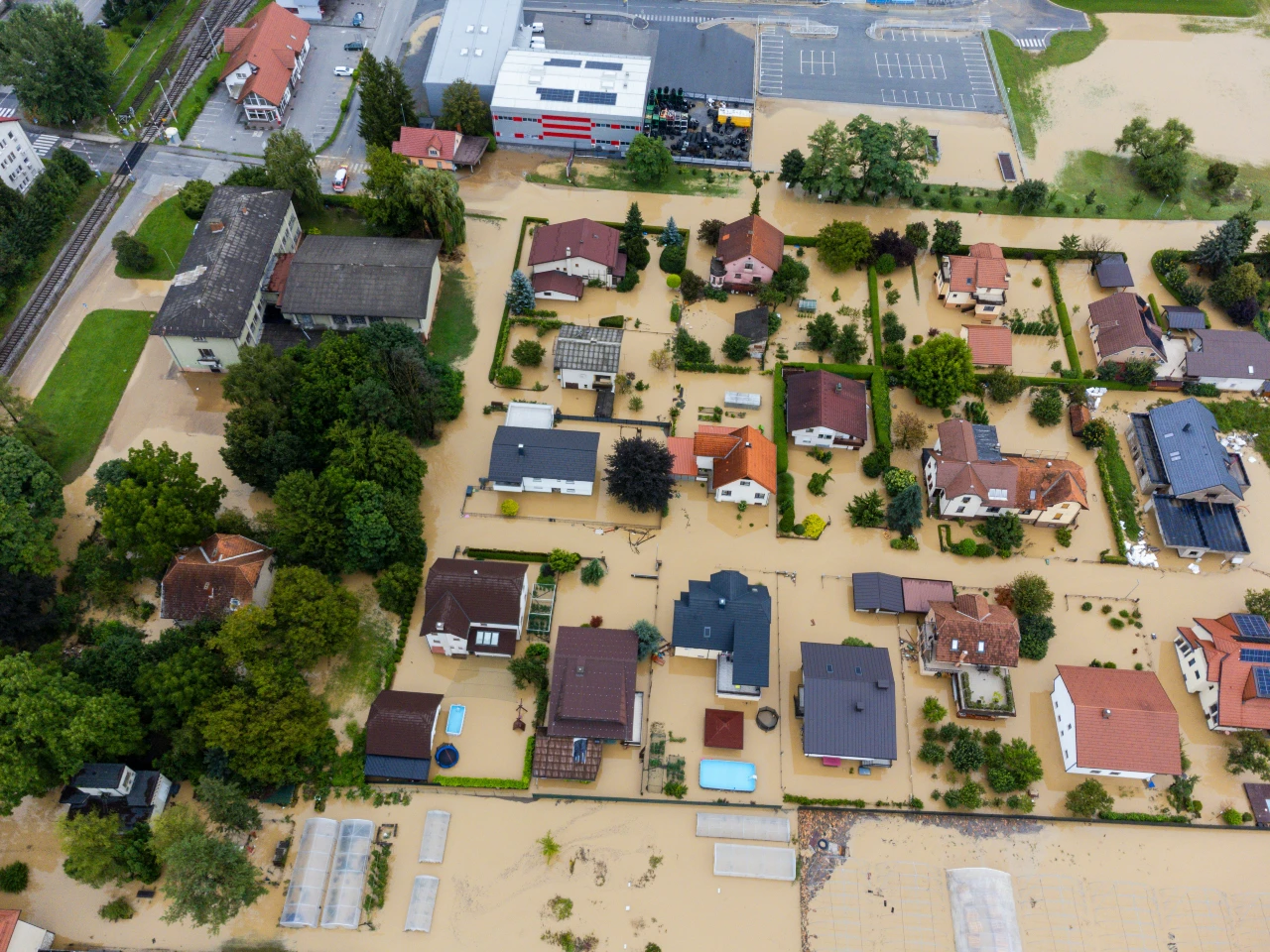 Flooded houses in a town