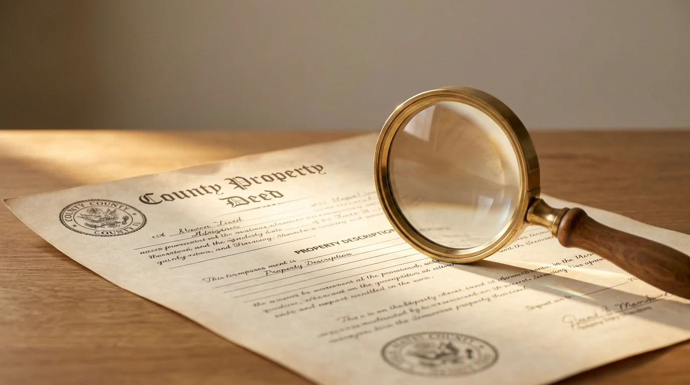 A county property deed document on a wooden desk with a brass magnifying glass resting over the property description section