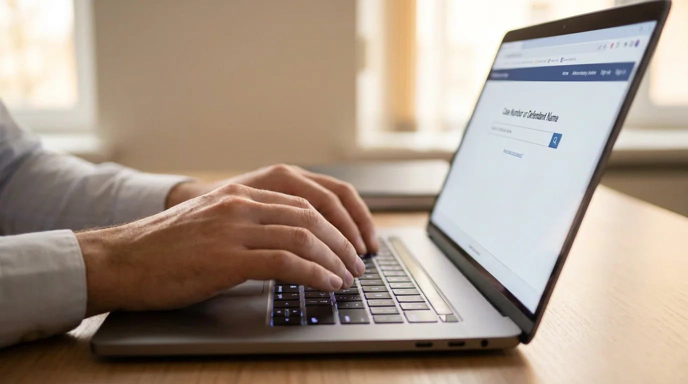 A person typing on a laptop at a wooden desk with an online court records search portal open on the screen, showing a case number and defendant name search field