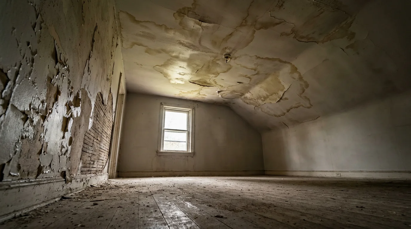 Empty run-down room with a water-stained, peeling ceiling and paint flaking off the wall to bare brick, lit by a single window — the kind of uninhabitable condition that can support a constructive eviction claim