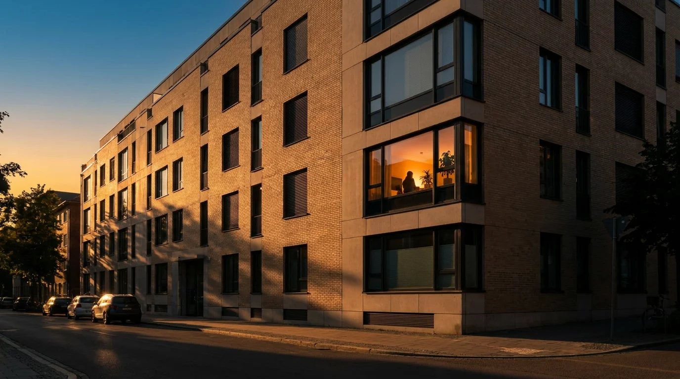 A modern brick apartment building at sunset, with a tenant visible in a warmly lit corner-unit window and cars parked along the street.