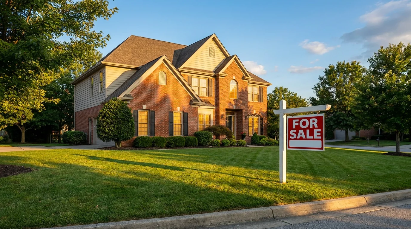A two-story brick suburban house at sunset with a red FOR SALE sign on the front lawn.