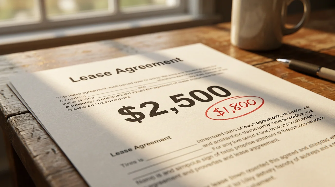 A printed lease agreement on a wooden desk showing a $2,500 monthly rent with a lower $1,800 figure circled in red, beside a coffee mug and pen.