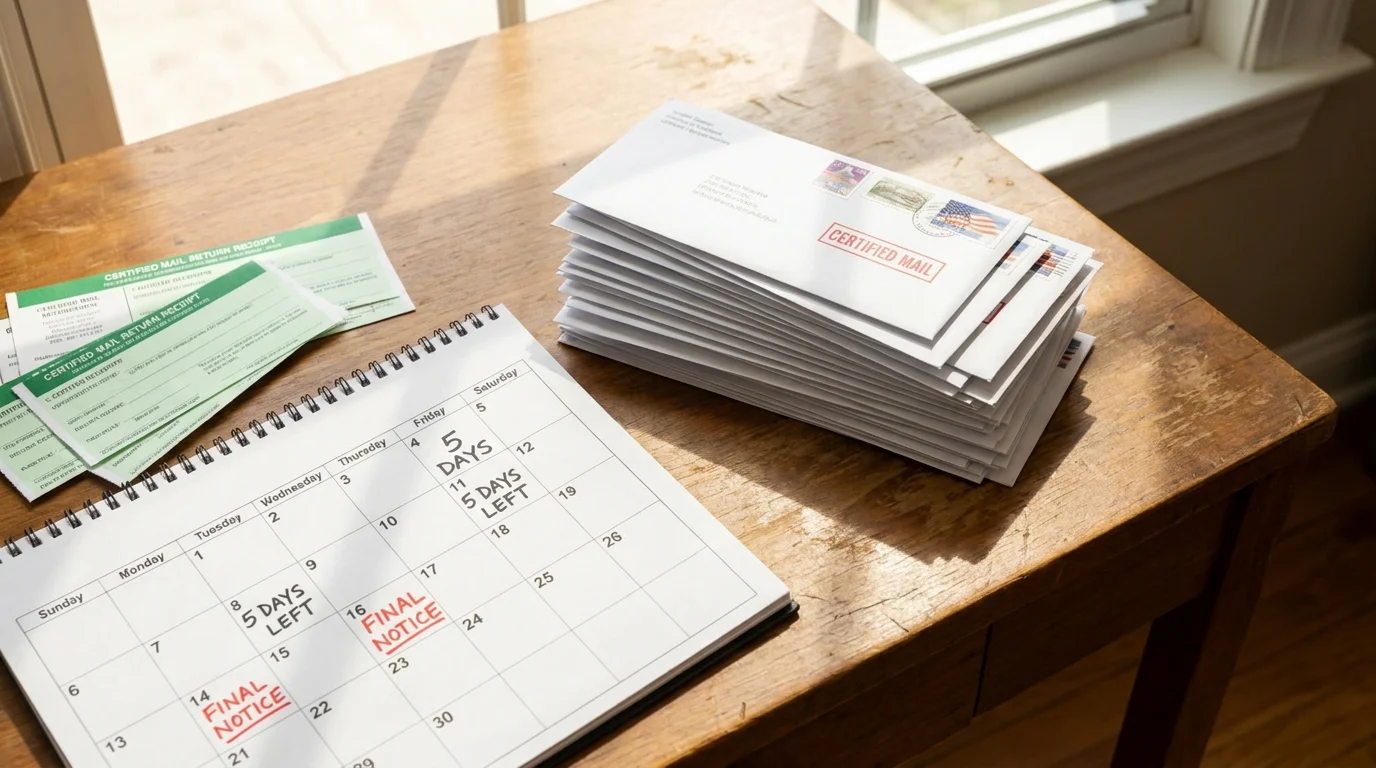 A stack of Certified Mail envelopes and certified-mail return-receipt cards beside a desk calendar marked 'Final Notice' and '5 days left' on a wooden table.