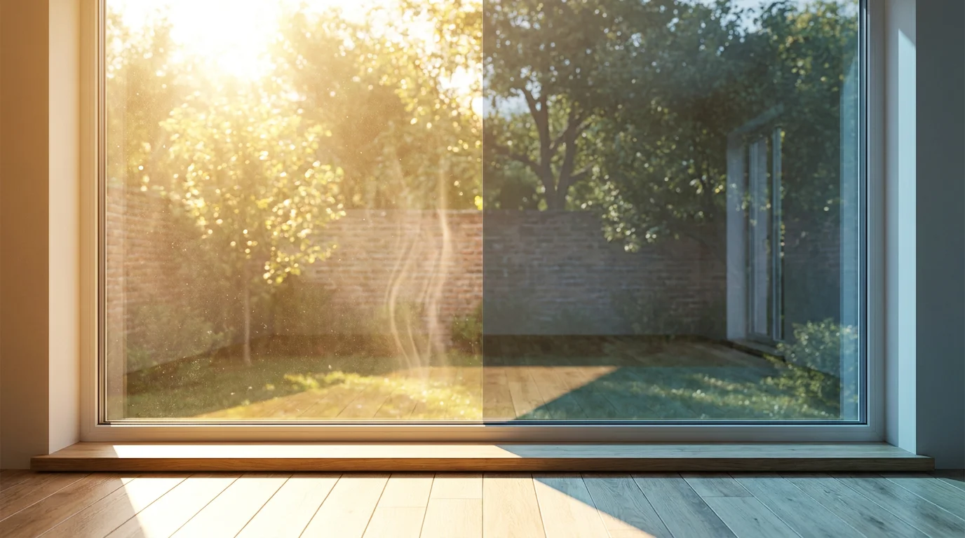 A large sliding glass door showing a sunlit backyard, with clear glass on the left half and cooler solar-control tinted glass on the right, over a wood floor.
