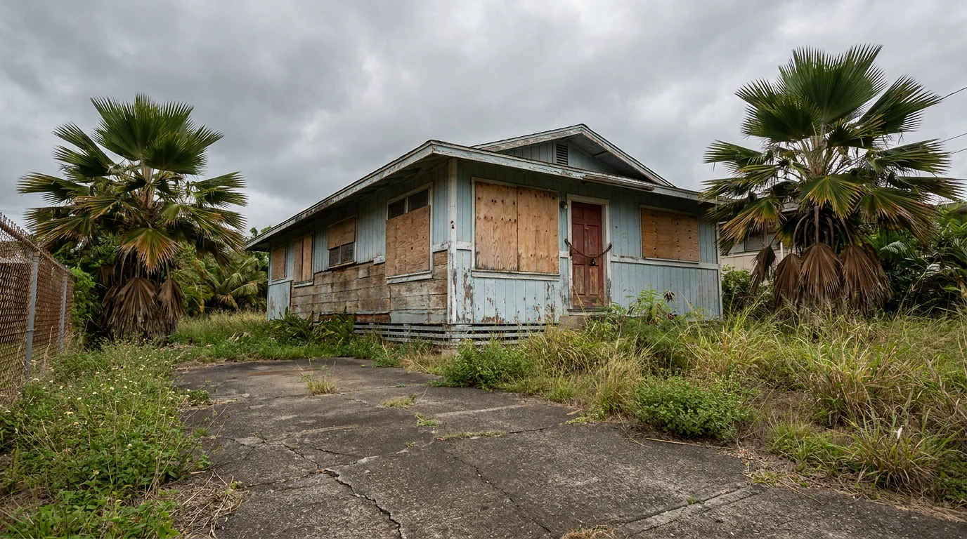 A boarded-up, abandoned single-story plantation-style house in Hawaii with peeling paint, an overgrown yard, palm trees, and a cracked concrete driveway under a cloudy sky.