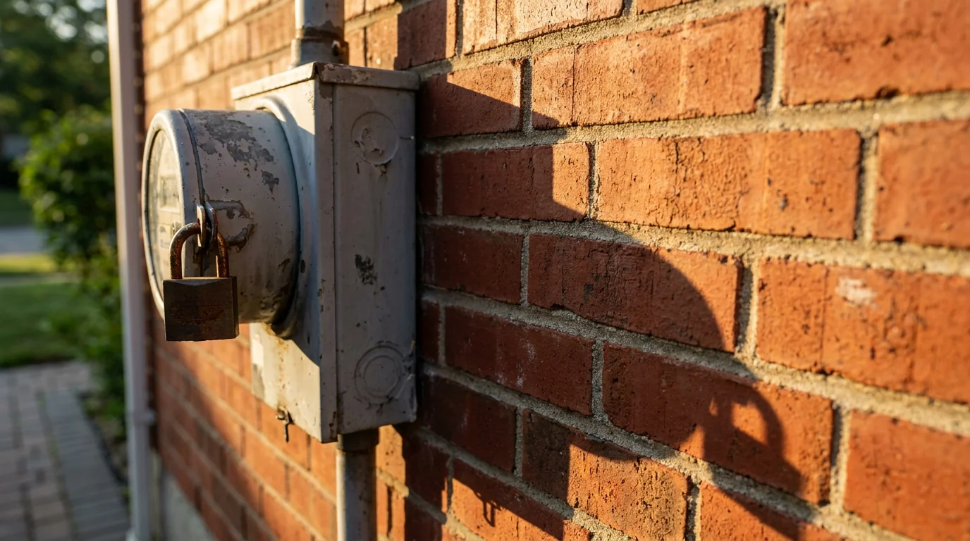 A padlock securing an electric utility meter box mounted on the red brick exterior wall of a rental home.