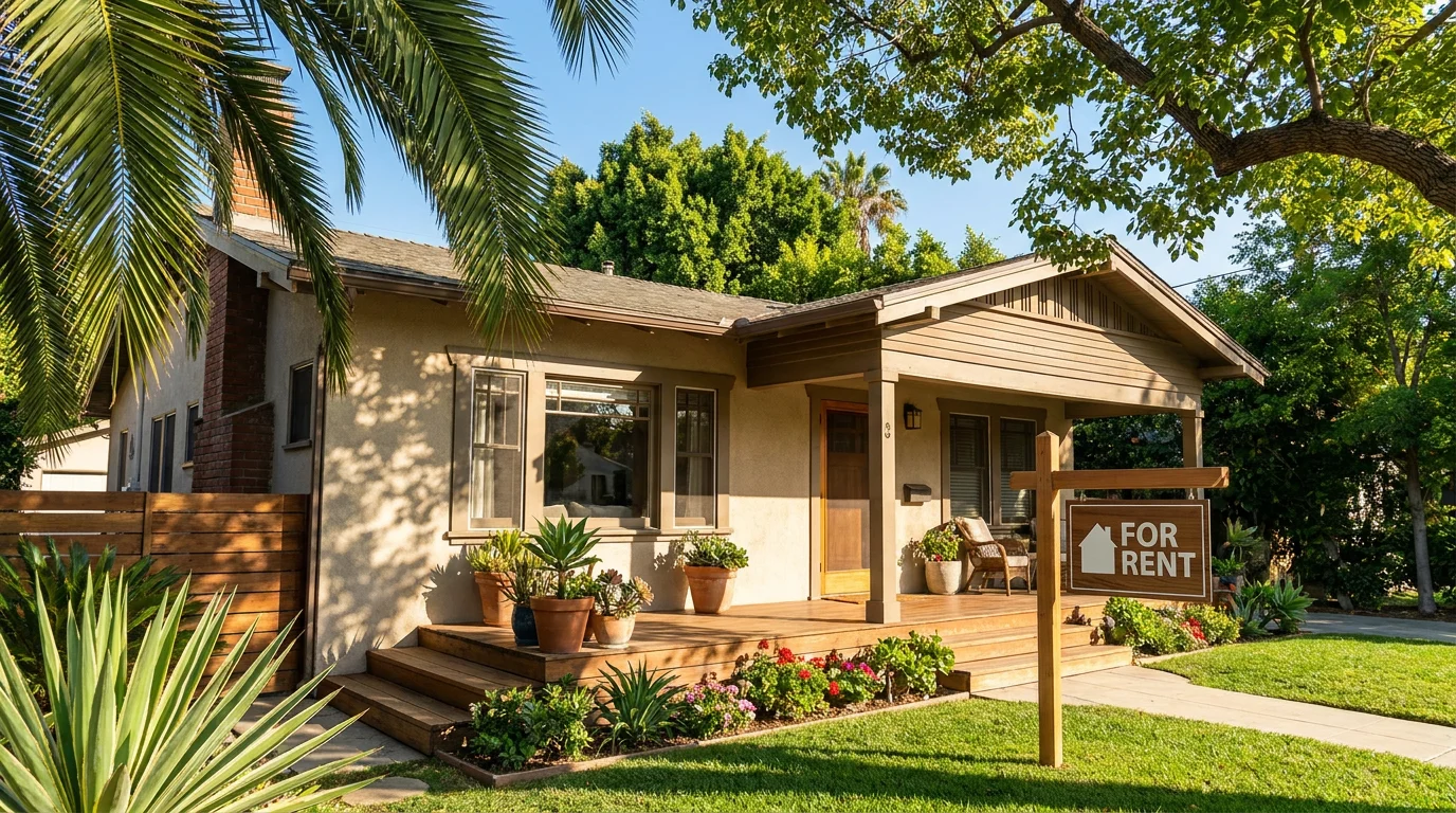 A California bungalow rental home with a 'For Rent' sign in the front yard, framed by palm trees on a sunny day.
