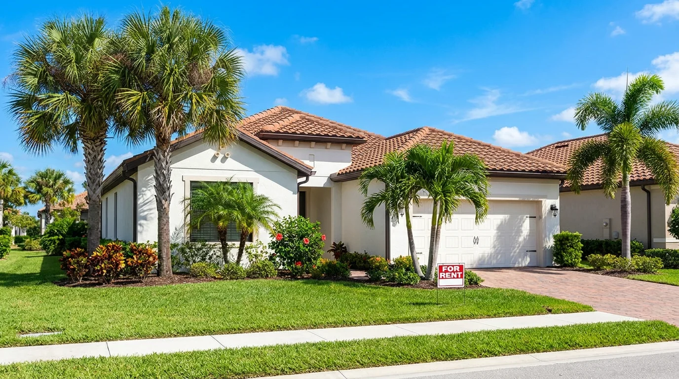 A Florida single-family home with a tile roof and palm trees and a red 'For Rent' sign in the front yard.