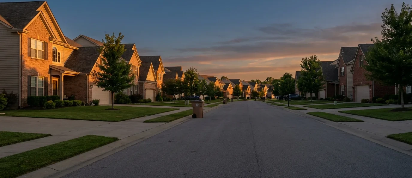 A suburban Texas HOA subdivision street at dusk lined with two-story homes and a curbside trash can.