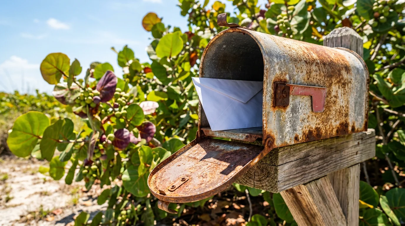 A weathered roadside mailbox holding a sealed white envelope, framed by Florida sea grape leaves, evoking a mailed eviction notice.